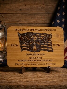 Patriotic Eagle & Liberty bell Engraved Bamboo Plaque - Natural Wood